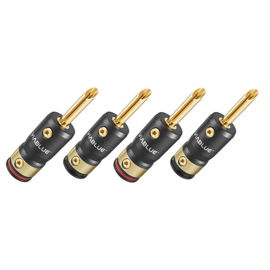 ViaBlue T8 Bananenstecker Set mit vier Steckern, 24 Karat vergoldet, roter Kennring, Lieferumfang