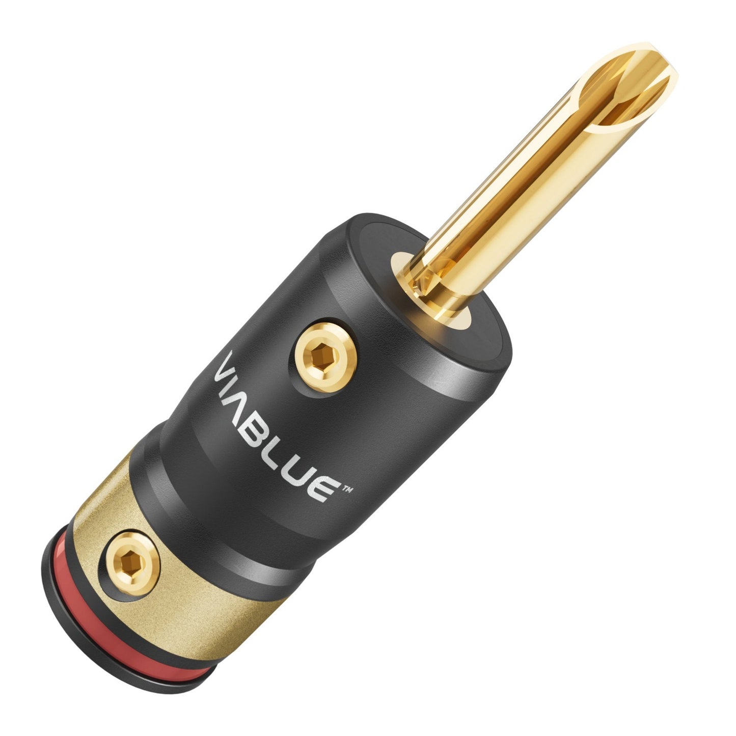 ViaBlue T8 Bananenstecker mit rotem Kennring, Hohlbananen-Kontakt 24 Karat vergoldet, Schrägansicht