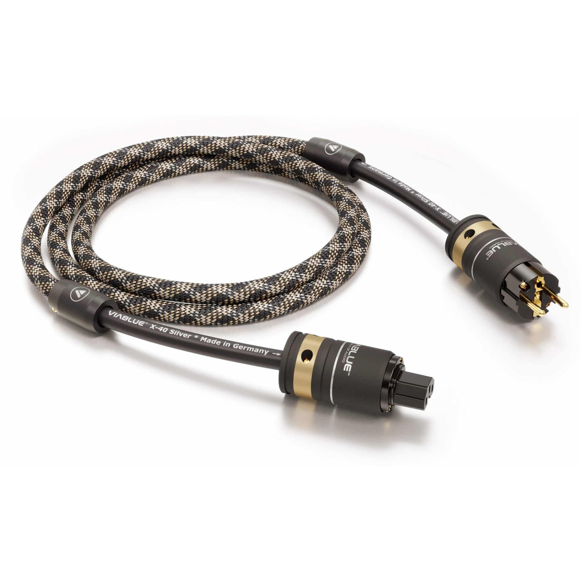 ViaBlue X-40 Netzkabel 4,0 mm² mit T6s Schuko-Stecker und IEC C15, Geflechtschlauch Cobra, Produktansicht