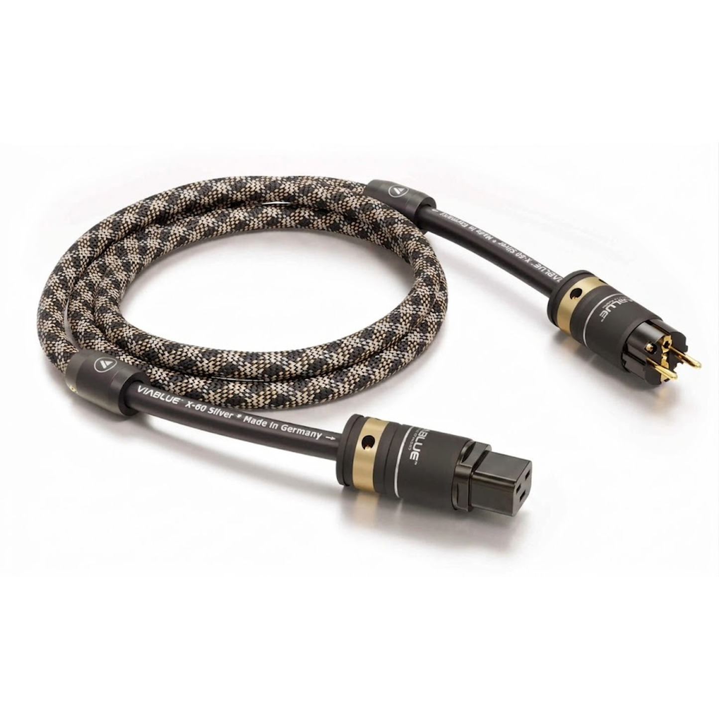ViaBlue X-60 Netzkabel 6,0 mm² mit T6s Schuko-Stecker und IEC C19, Geflechtschlauch Cobra, Produktansicht