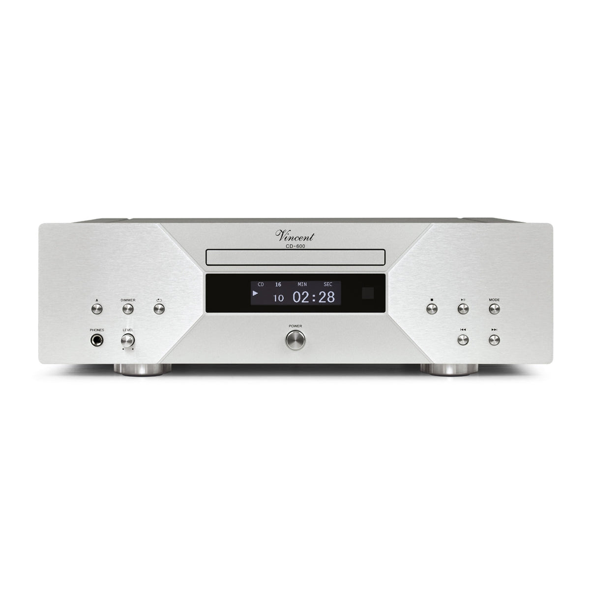 Vincent CD-600 CD-Player mit D/A-Wandler silber Frontansicht mit Display und Schublade