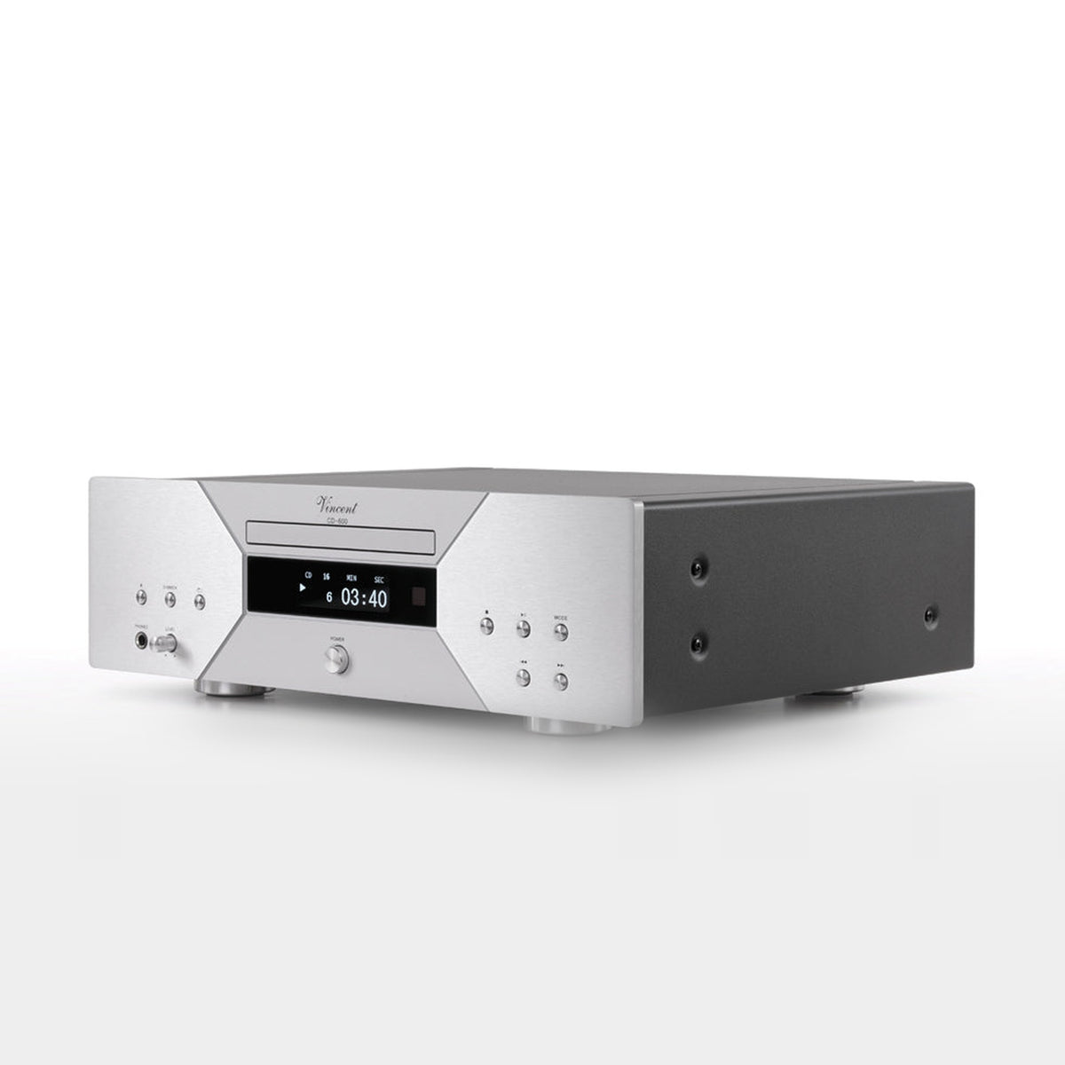 Vincent CD-600 CD-Player mit D/A-Wandler silber Schrägansicht mit Display