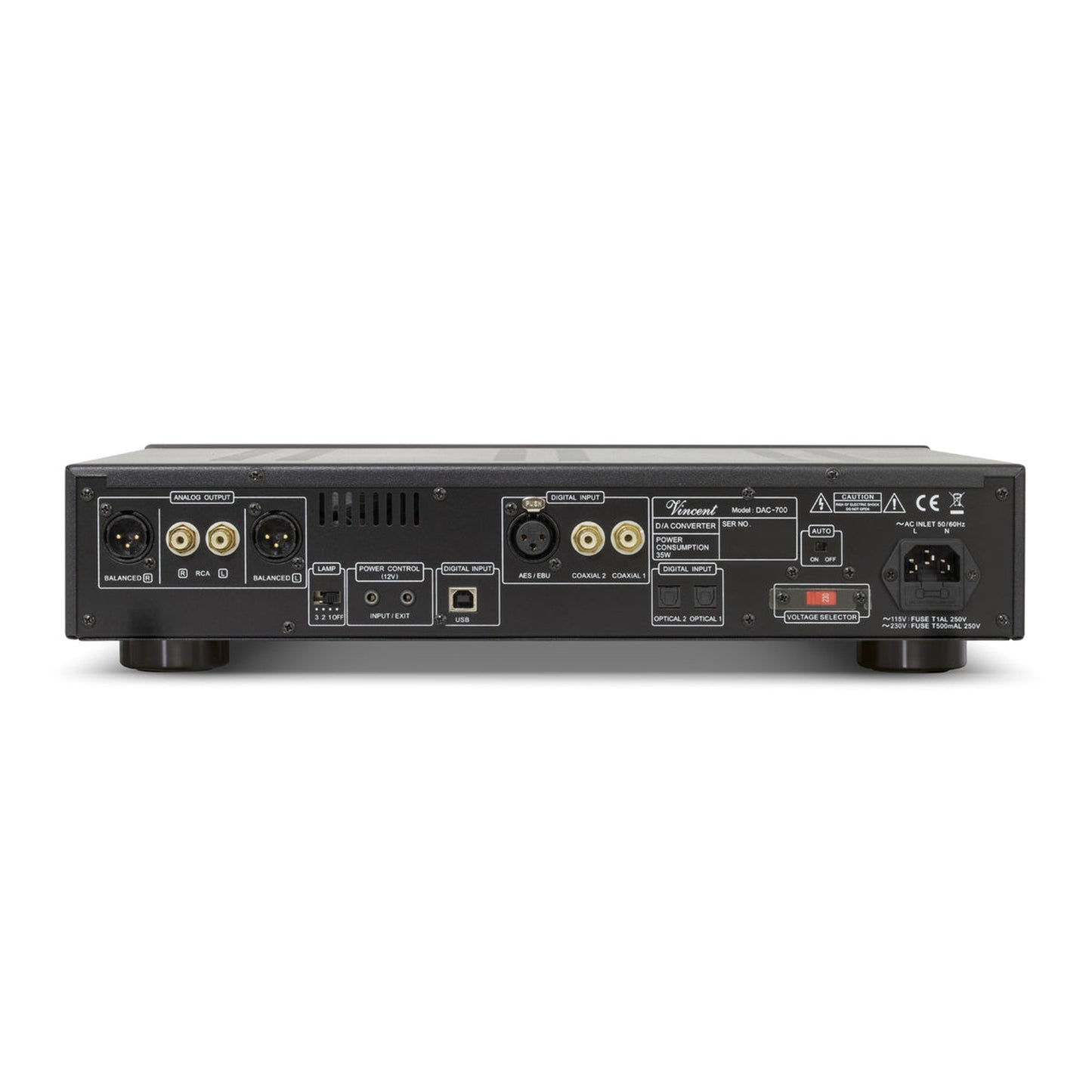 Vincent DAC-700 Röhren-DAC Rückansicht mit Cinch- und XLR-Ausgang sowie USB-Eingang