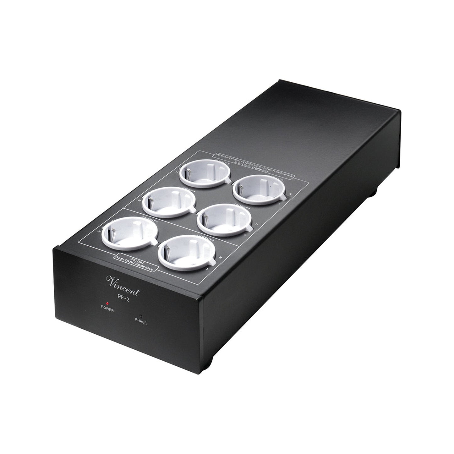 Vincent PF-2 Netzfilter schwarz Schrägansicht mit sechs Schuko-Steckdosen