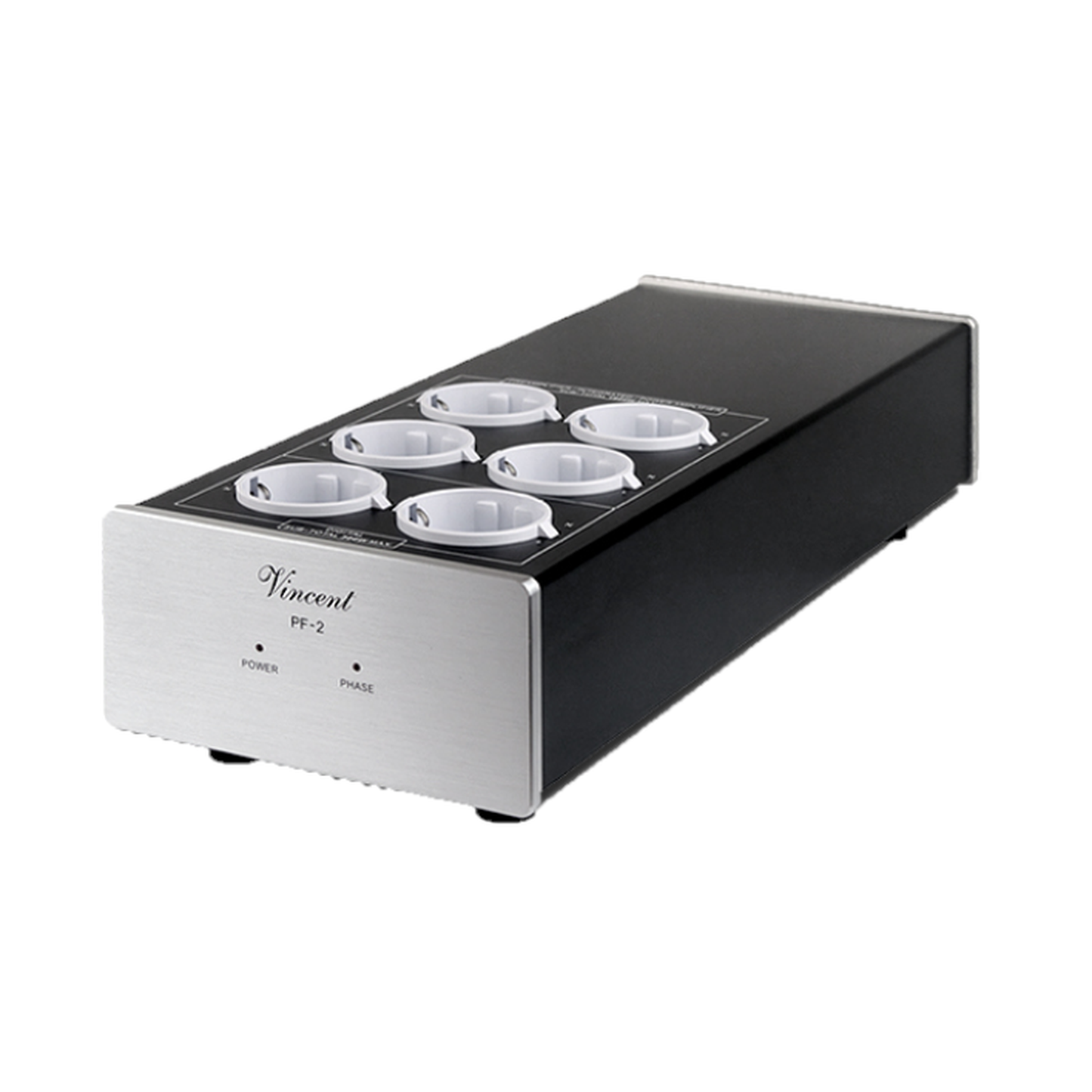 Vincent PF-2 Netzfilter silber Schrägansicht mit sechs Schuko-Steckdosen