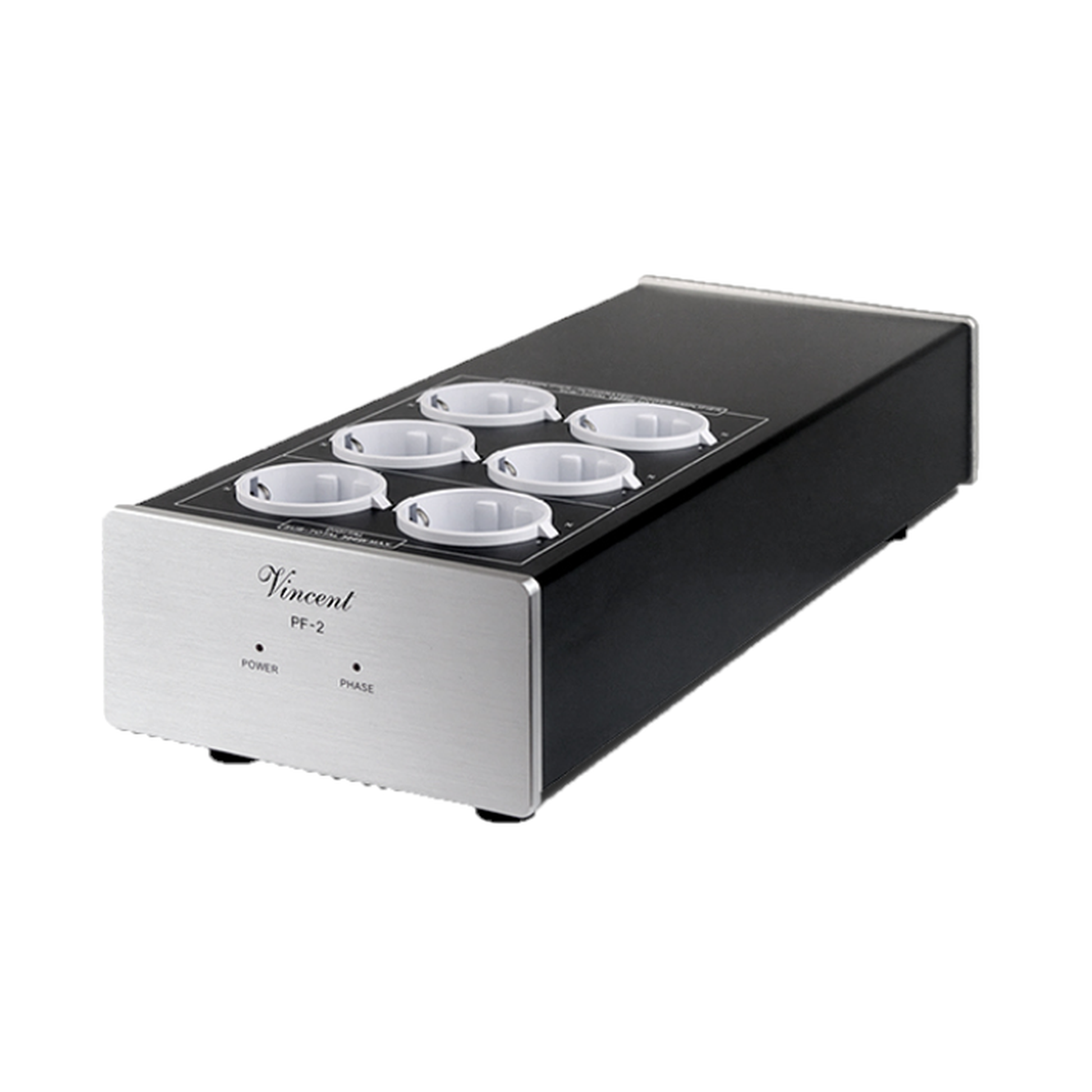 Vincent PF-2 Netzfilter silber Schrägansicht mit sechs Schuko-Steckdosen