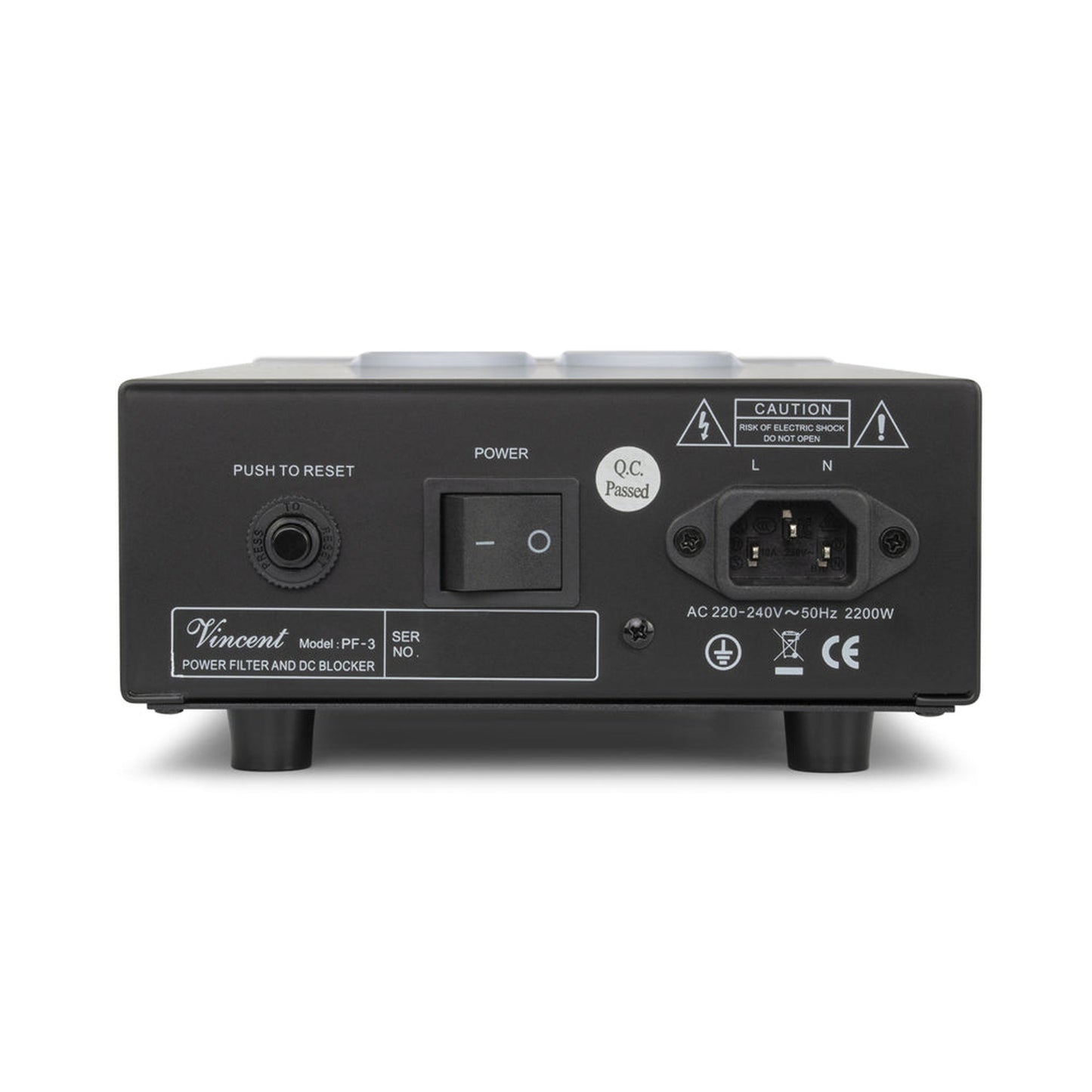Vincent PF-3 EMI-Netzfilter mit DC-Blocker Rückansicht mit Netzeingang, Netzschalter und Reset-Taste