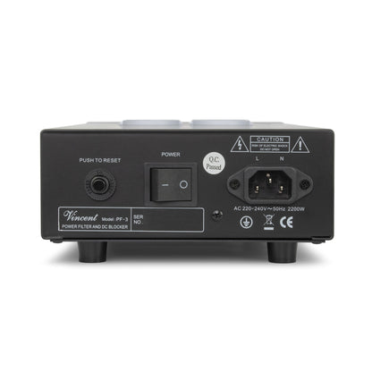 Vincent PF-3 EMI-Netzfilter mit DC-Blocker Rückansicht mit Netzeingang, Netzschalter und Reset-Taste