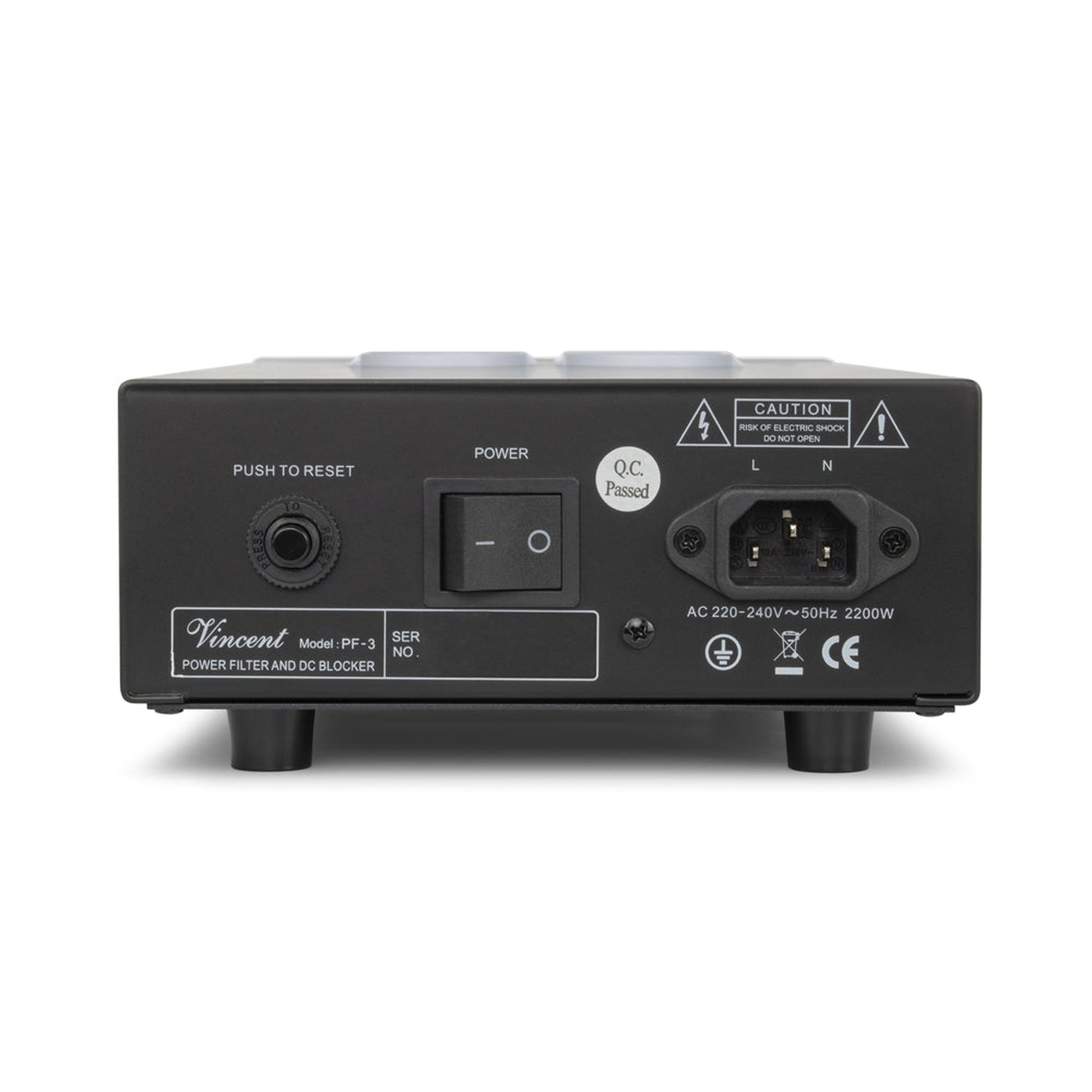 Vincent PF-3 EMI-Netzfilter mit DC-Blocker Rückansicht mit Kaltgerätebuchse und Reset-Taste
