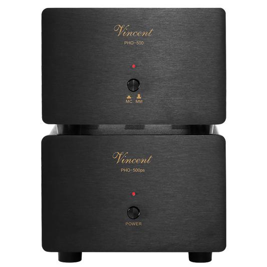 Vincent PHO-500 Phono-Vorverstärker mit USB schwarz Frontansicht mit Netzteil PHO-500ps