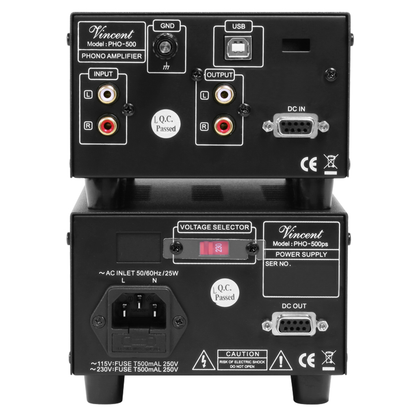 Vincent PHO-500 Phono-Vorverstärker mit USB Rückansicht mit USB-Port und Cinch-Anschlüssen