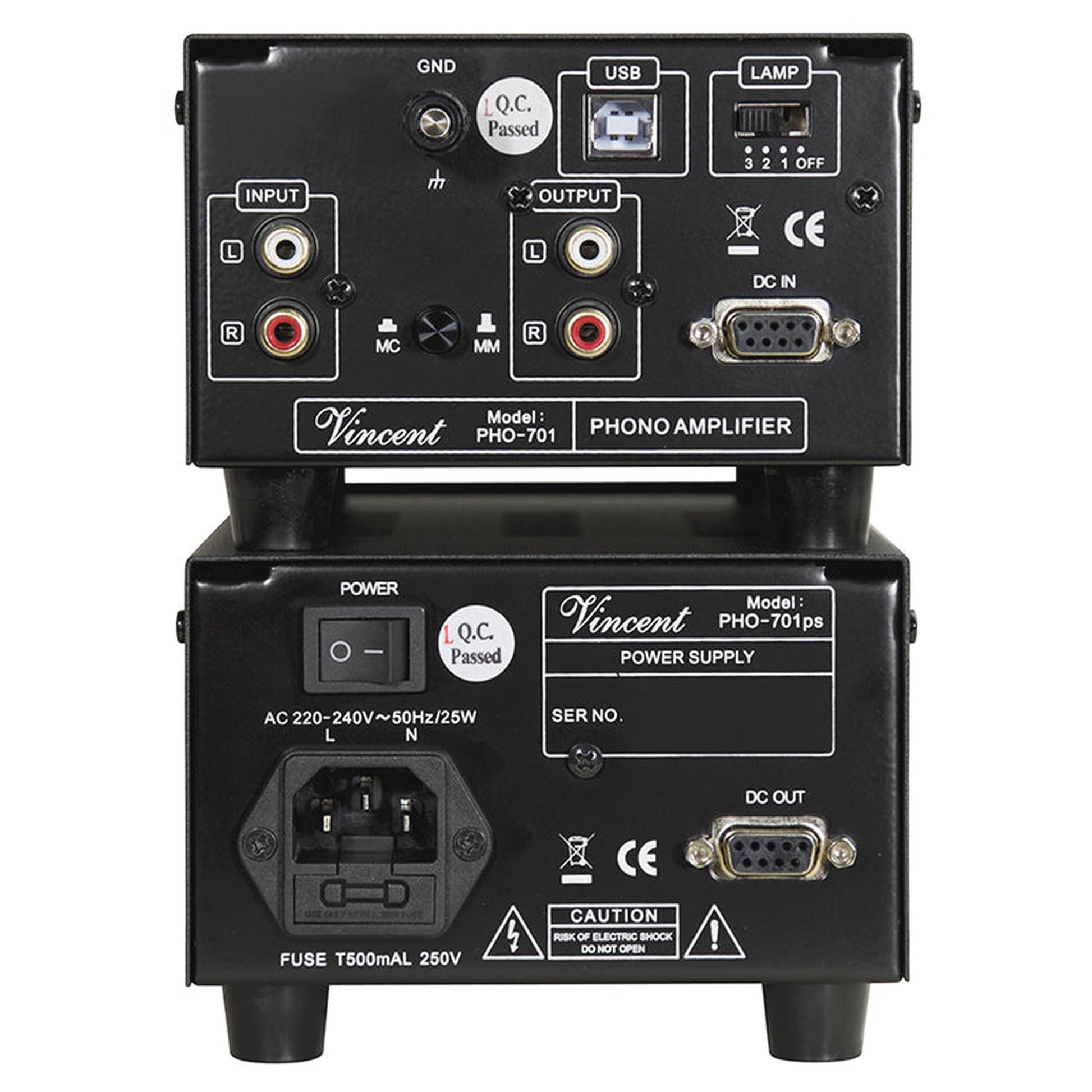 Vincent PHO-701 Röhren-Phono-Vorverstärker Rückansicht mit USB-Port und Cinch-Anschlüssen
