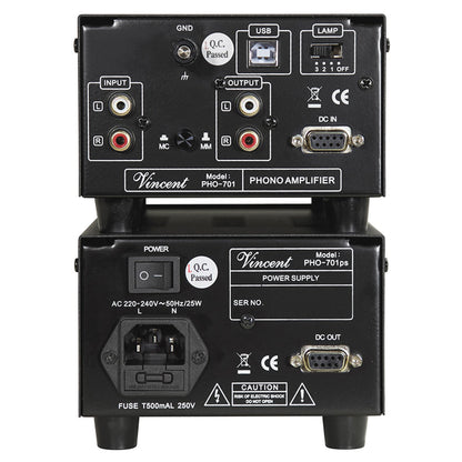 Vincent PHO-701 Röhren-Phono-Vorverstärker Rückansicht mit USB-Port und Cinch-Anschlüssen