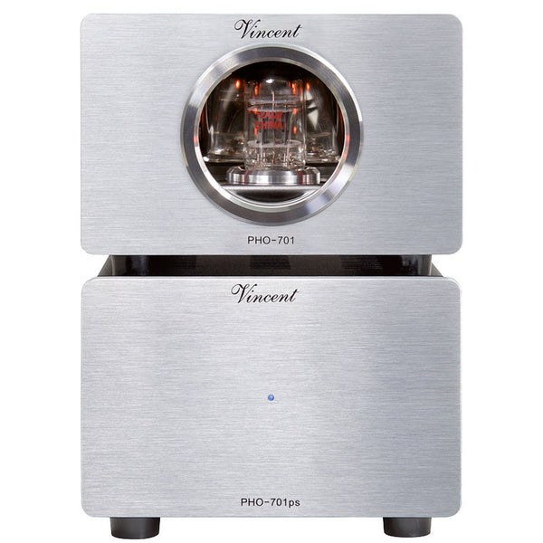 Vincent PHO-701 Röhren-Phono-Vorverstärker silber Frontansicht mit Netzteil PHO-701ps