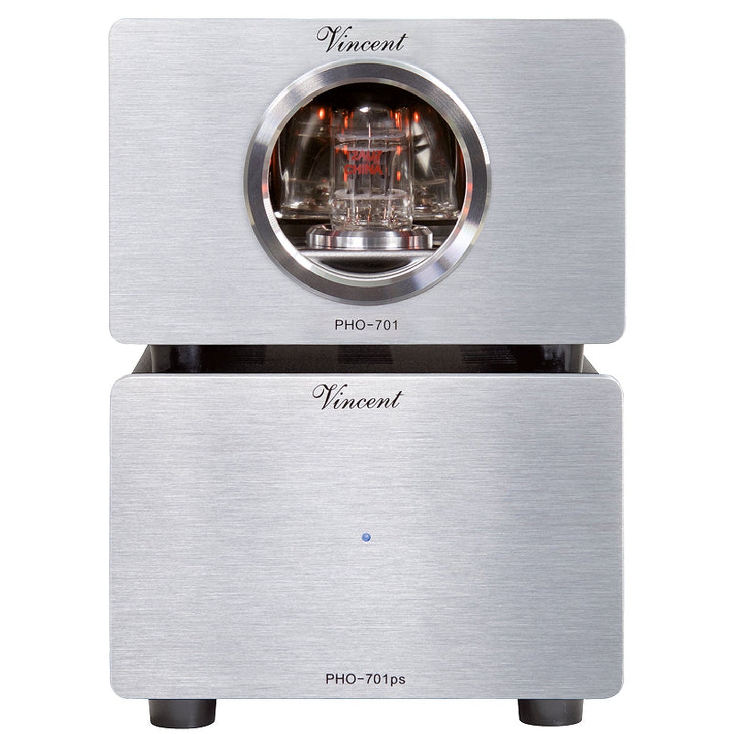 Vincent PHO-701 Röhren-Phono-Vorverstärker silber Frontansicht mit Netzteil PHO-701ps