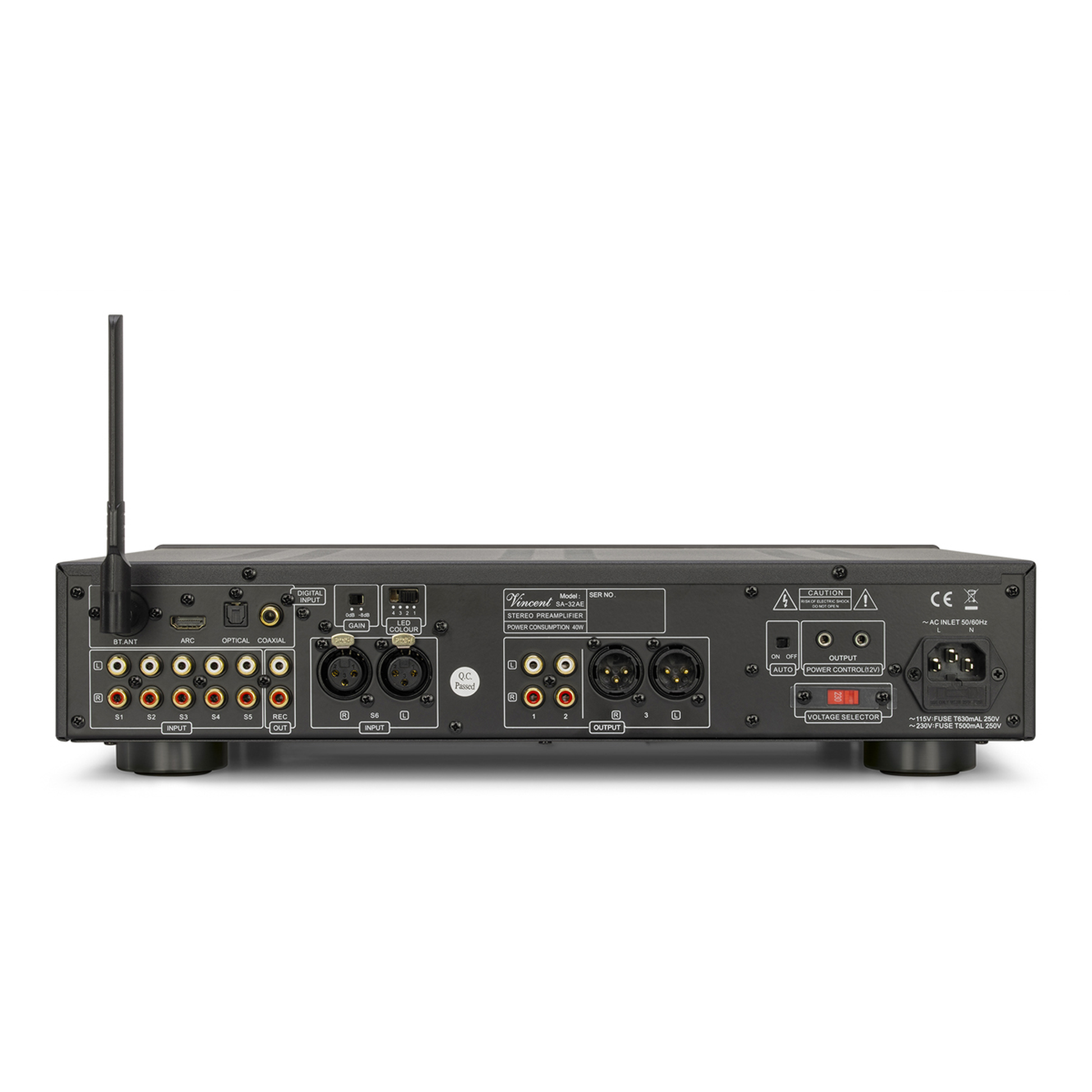 Vincent SA-32 AE Hybrid-Vorverstärker Rückansicht mit Cinch-, XLR-Anschlüssen und Antenne