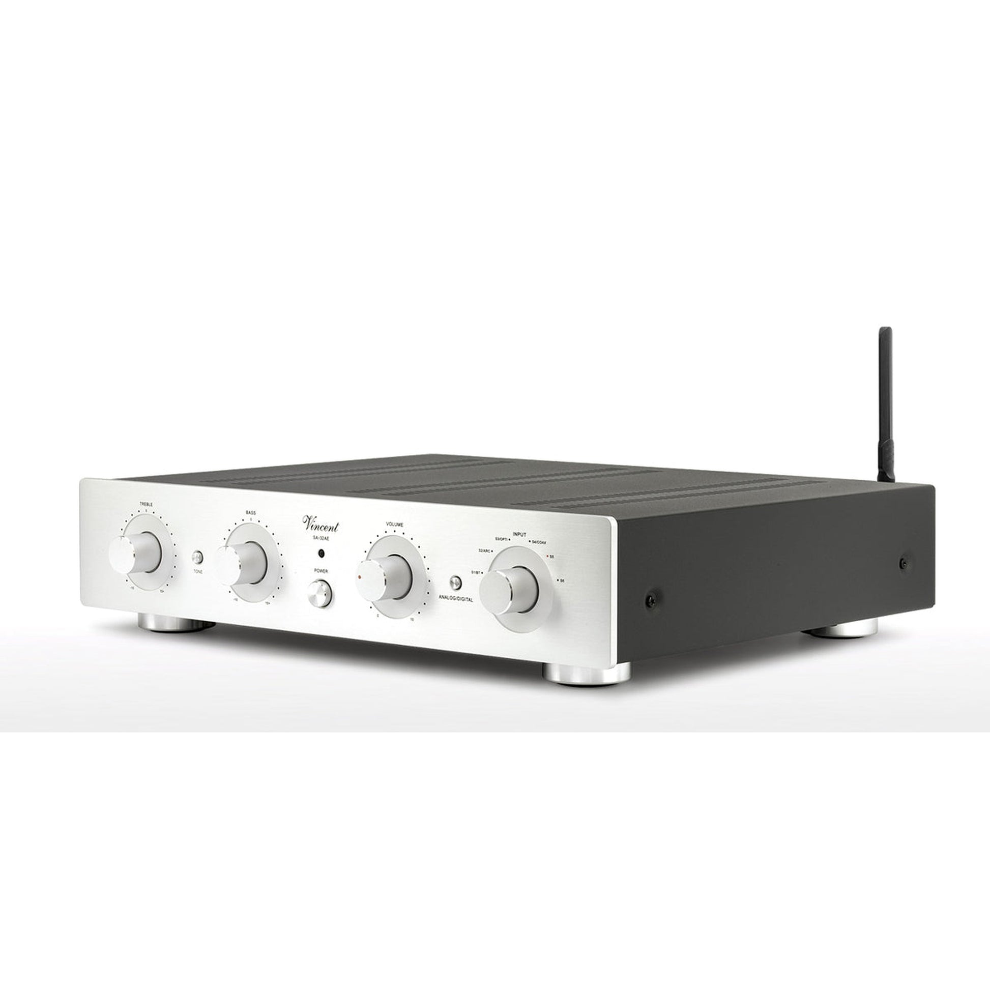 Vincent SA-32 AE Hybrid-Vorverstärker silber Schrägansicht mit Bluetooth-Antenne
