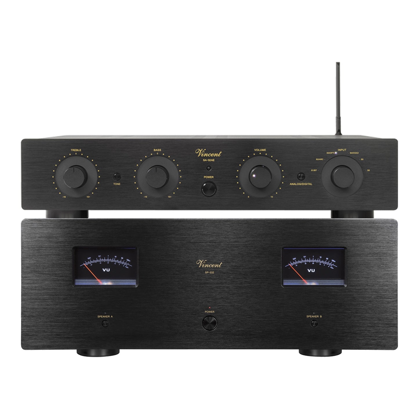 Vincent SA-32 AE + SP-332 Hi-Fi-Set schwarz Frontansicht von Vorverstärker und Endstufe