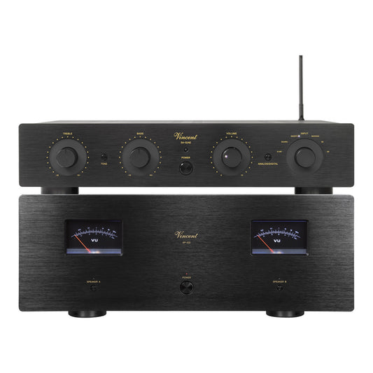 Vincent SA-32 AE + SP-332 Hi-Fi-Set schwarz Frontansicht von Vorverstärker und Endstufe