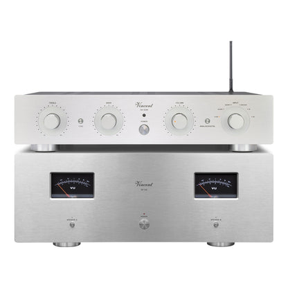 Vincent SA-32 AE + SP-332 Hi-Fi-Set silber Frontansicht von Vorverstärker und Endstufe