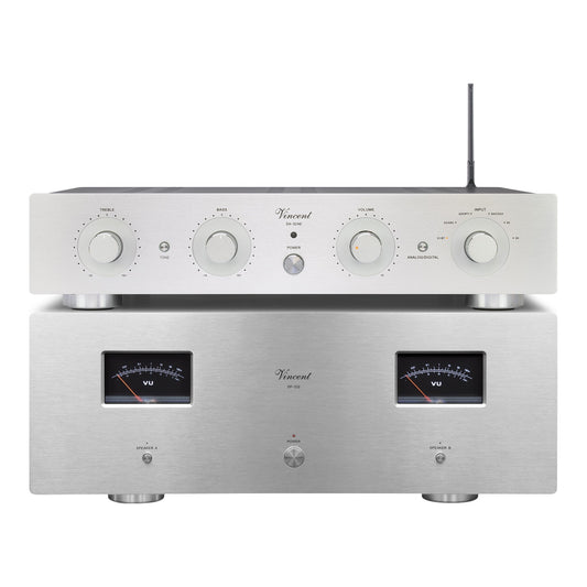 Vincent SA-32 AE + SP-332 Hi-Fi-Set silber Frontansicht von Vorverstärker und Endstufe