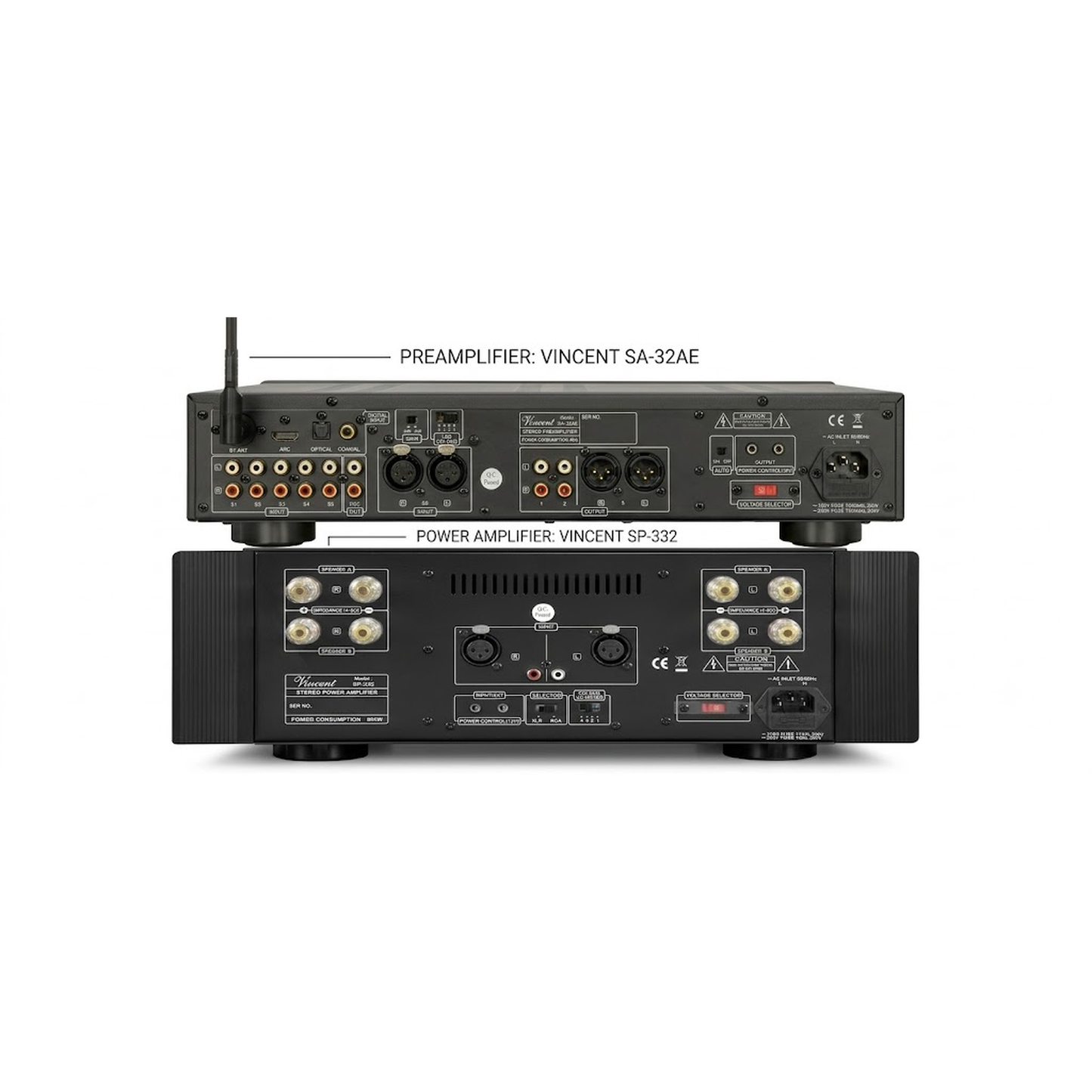 Vincent SA-32 AE + SP-332 Hi-Fi-Set Rückansicht mit XLR-Verbindung zwischen Vor- und Endstufe