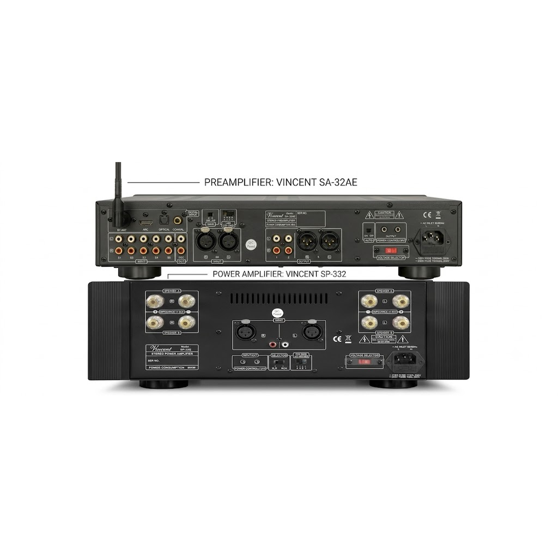Vincent SA-32 AE + SP-332 Hi-Fi-Set Rückansicht mit XLR-Verbindung zwischen Vor- und Endstufe