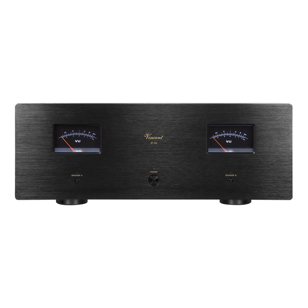 Vincent SP-332 Hybrid-Stereo-Endstufe schwarz Frontansicht mit VU-Metern
