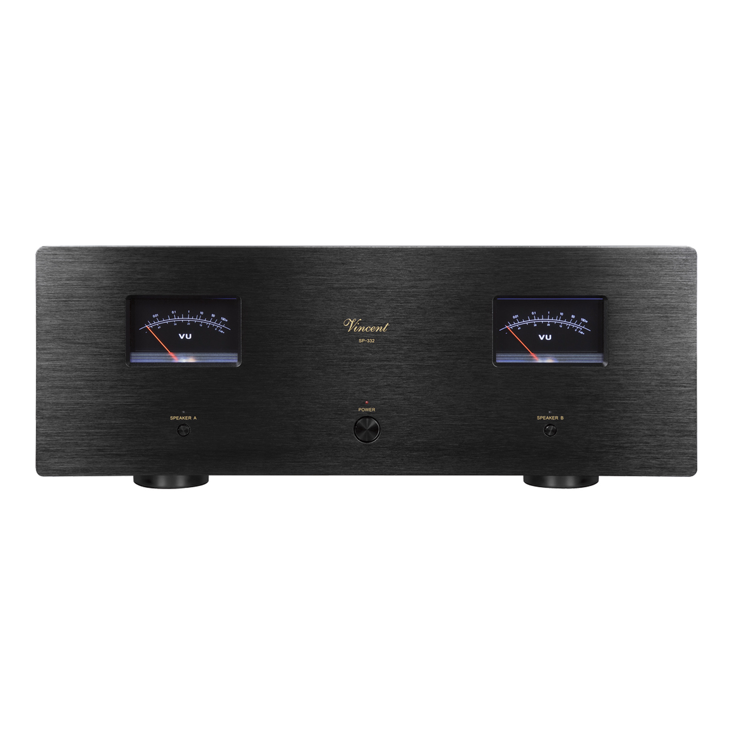 Vincent SP-332 Hybrid-Stereo-Endstufe schwarz Frontansicht mit VU-Metern