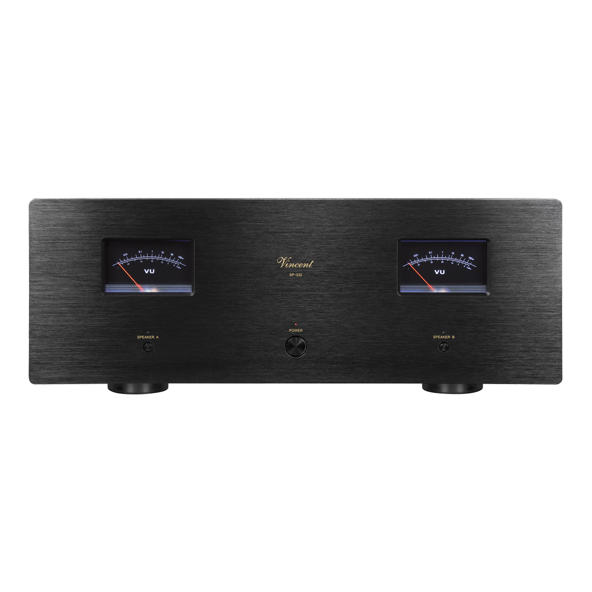 Vincent SP-332 Hybrid-Stereo-Endstufe schwarz Frontansicht mit VU-Metern