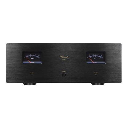 Vincent SP-332 Hybrid-Stereo-Endstufe schwarz Frontansicht mit VU-Metern