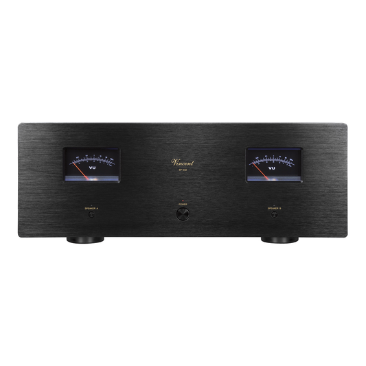 Vincent SP-332 Hybrid-Stereo-Endstufe schwarz Frontansicht mit VU-Metern