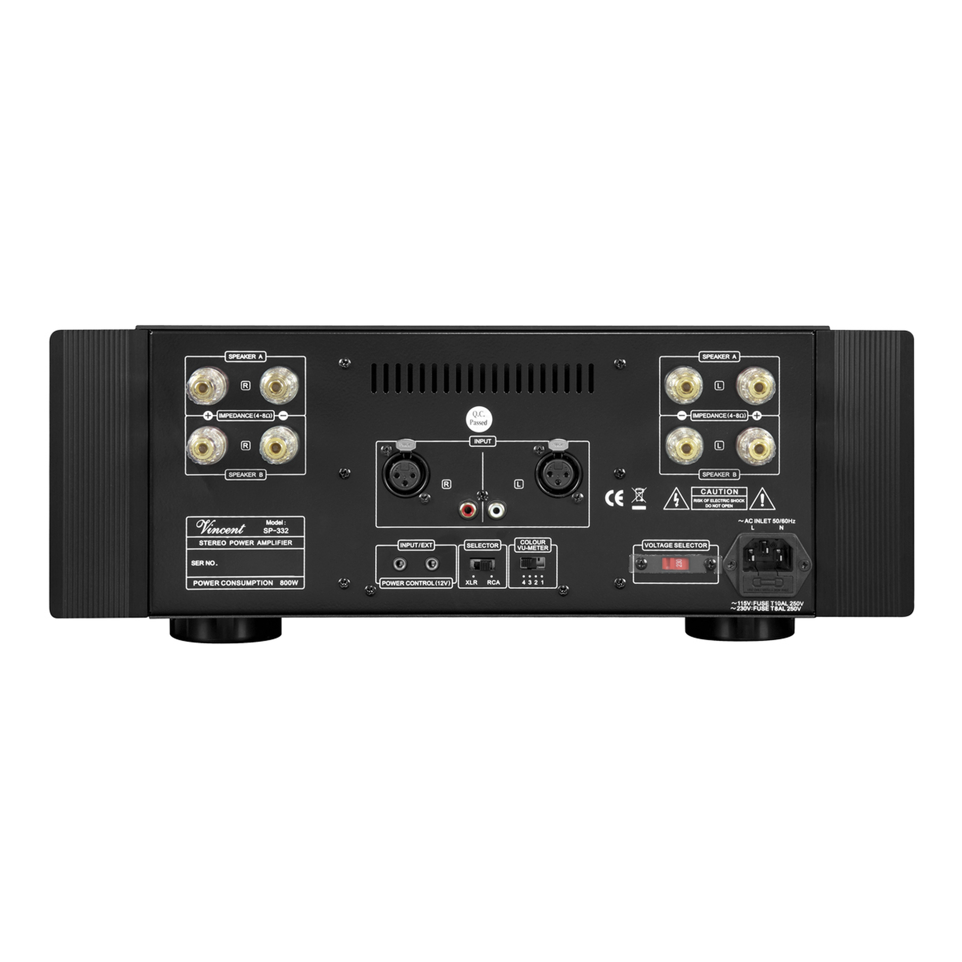 Vincent SP-332 Hybrid-Stereo-Endstufe Rückansicht mit Lautsprecherklemmen und XLR-Eingang