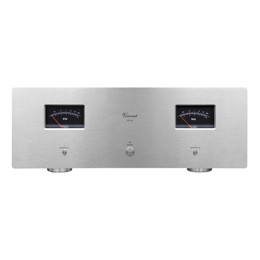 Vincent SP-332 Hybrid-Stereo-Endstufe silber Frontansicht mit VU-Metern