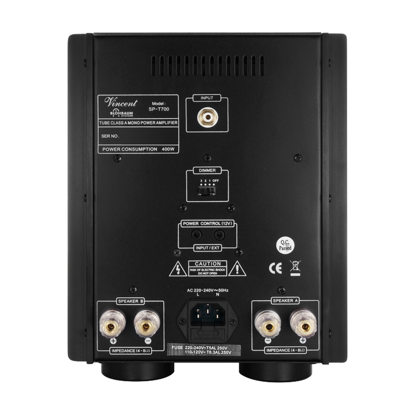 Vincent SP-T700 Hybrid-Mono-Endstufe Rückansicht mit Cinch-Eingang und Lautsprecherklemmen