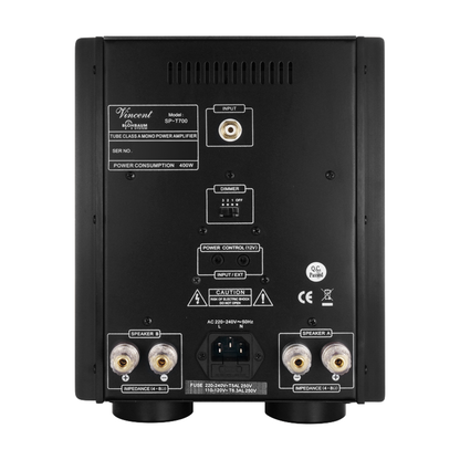 Vincent SP-T700 Hybrid-Mono-Endstufe Rückansicht mit Cinch-Eingang und Lautsprecherklemmen