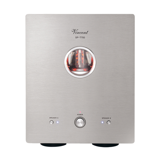 Vincent SP-T700 Hybrid-Mono-Endstufe silber Frontansicht mit Röhrenfenster