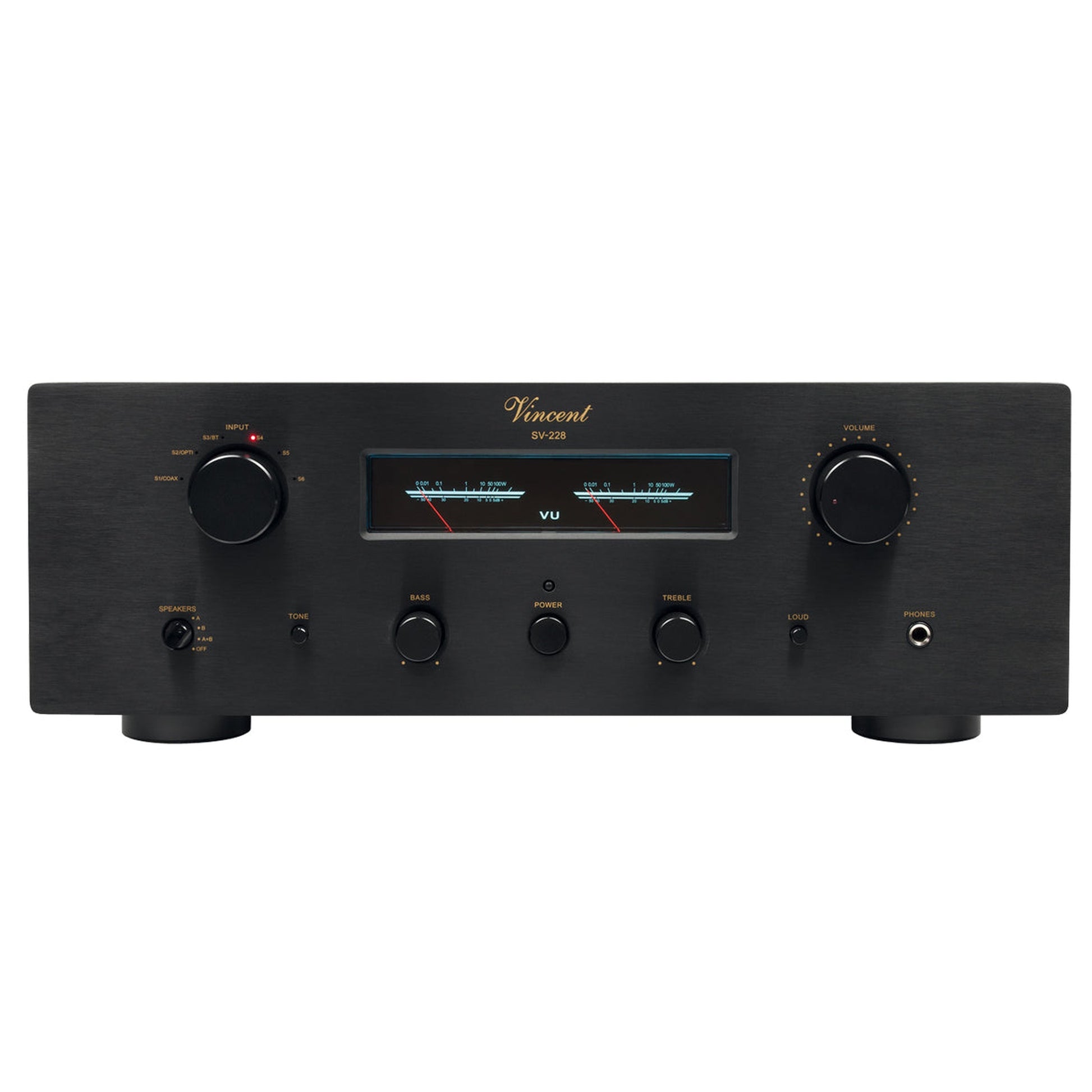 Vincent SV-228 VU Hybrid-Vollverstärker schwarz Frontansicht mit VU-Meter
