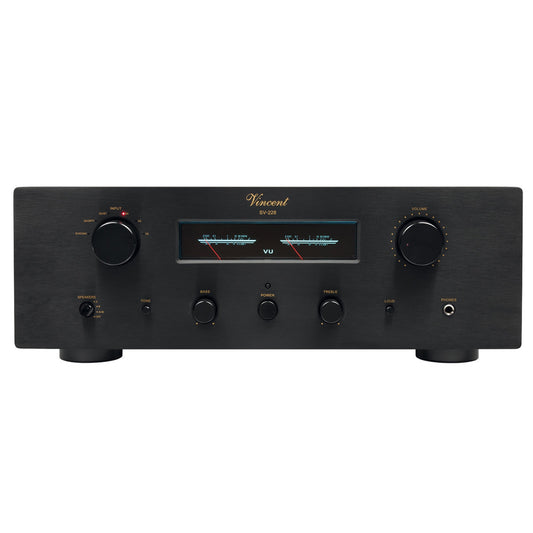 Vincent SV-228 VU Hybrid-Vollverstärker schwarz Frontansicht mit VU-Meter
