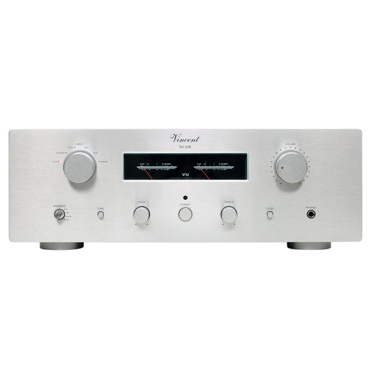 Vincent SV-228 VU Hybrid-Vollverstärker silber Frontansicht mit VU-Meter