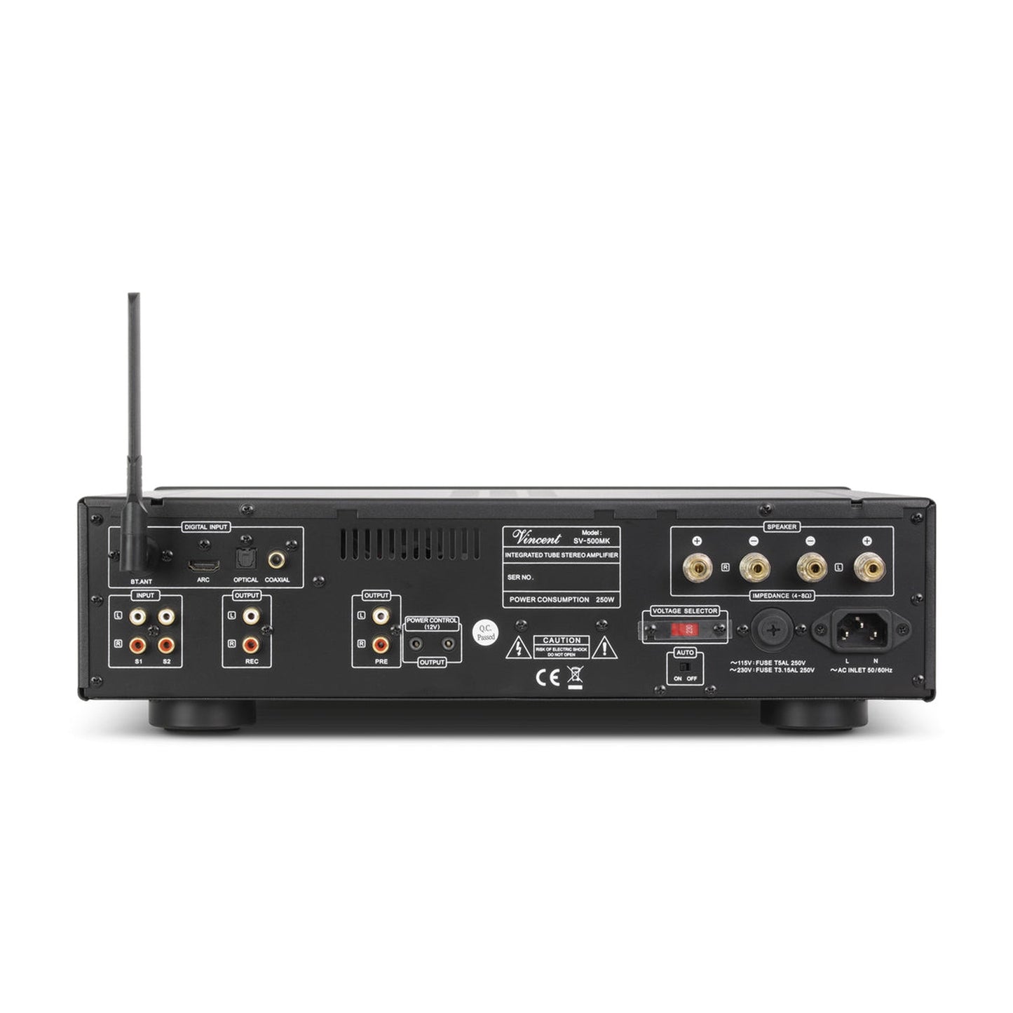 Vincent SV-500 MK Hybrid-Vollverstärker Rückansicht mit Bluetooth-Antenne und USB-Eingang
