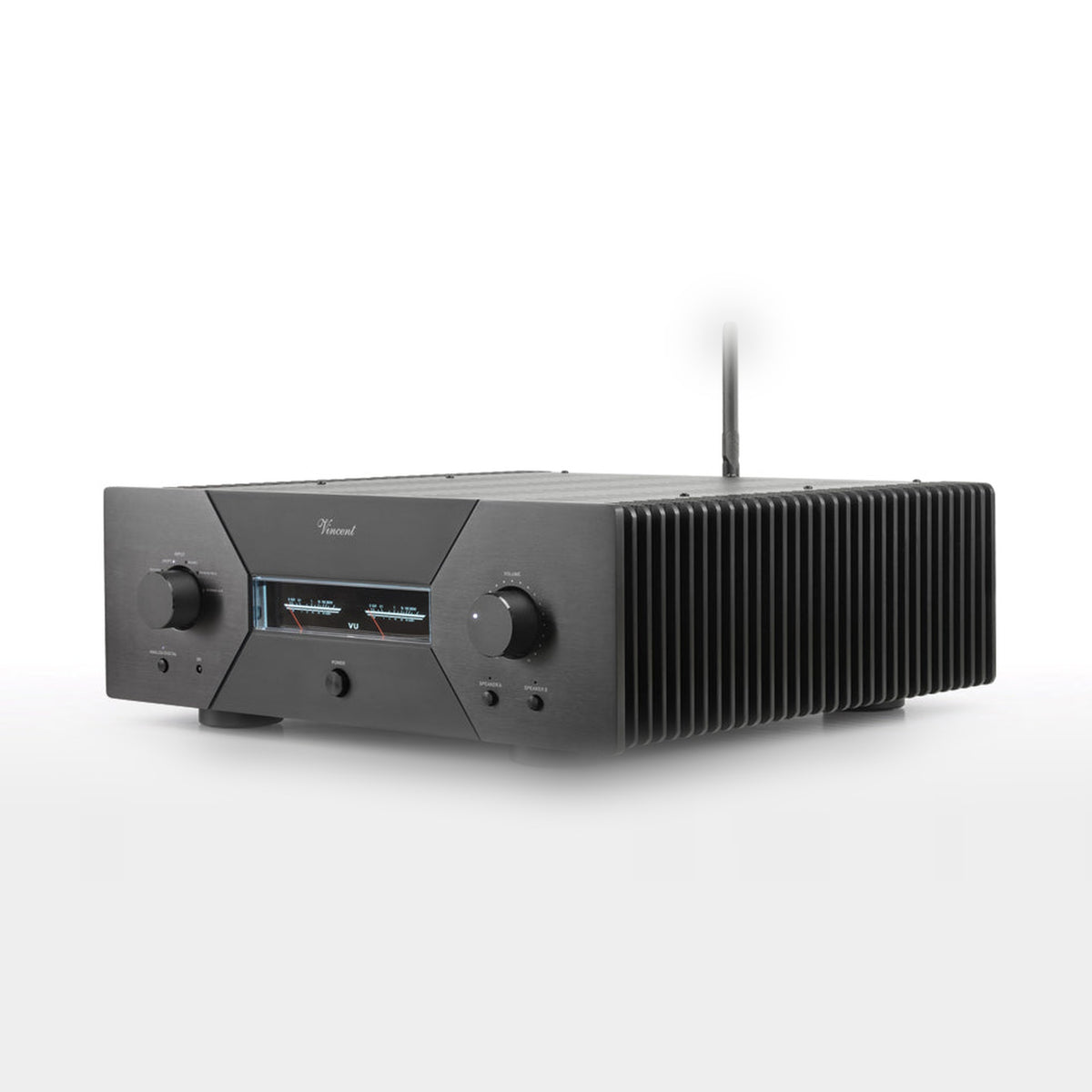 Vincent SV-600 Class-A Vollverstärker schwarz Schrägansicht mit Kühlrippen und Bluetooth-Antenne