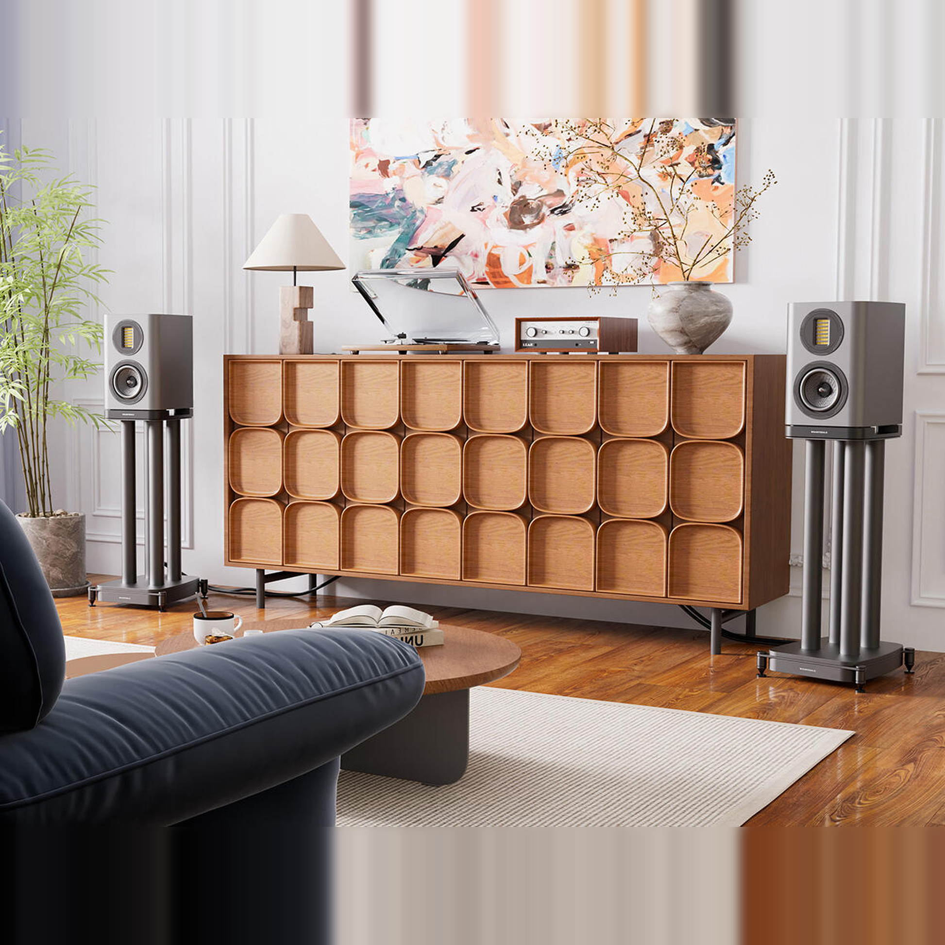 Wharfedale EVO 5.1 Regallautsprecher Lunar Grey matt Lifestyle im Wohnraum auf Ständern neben Sideboard