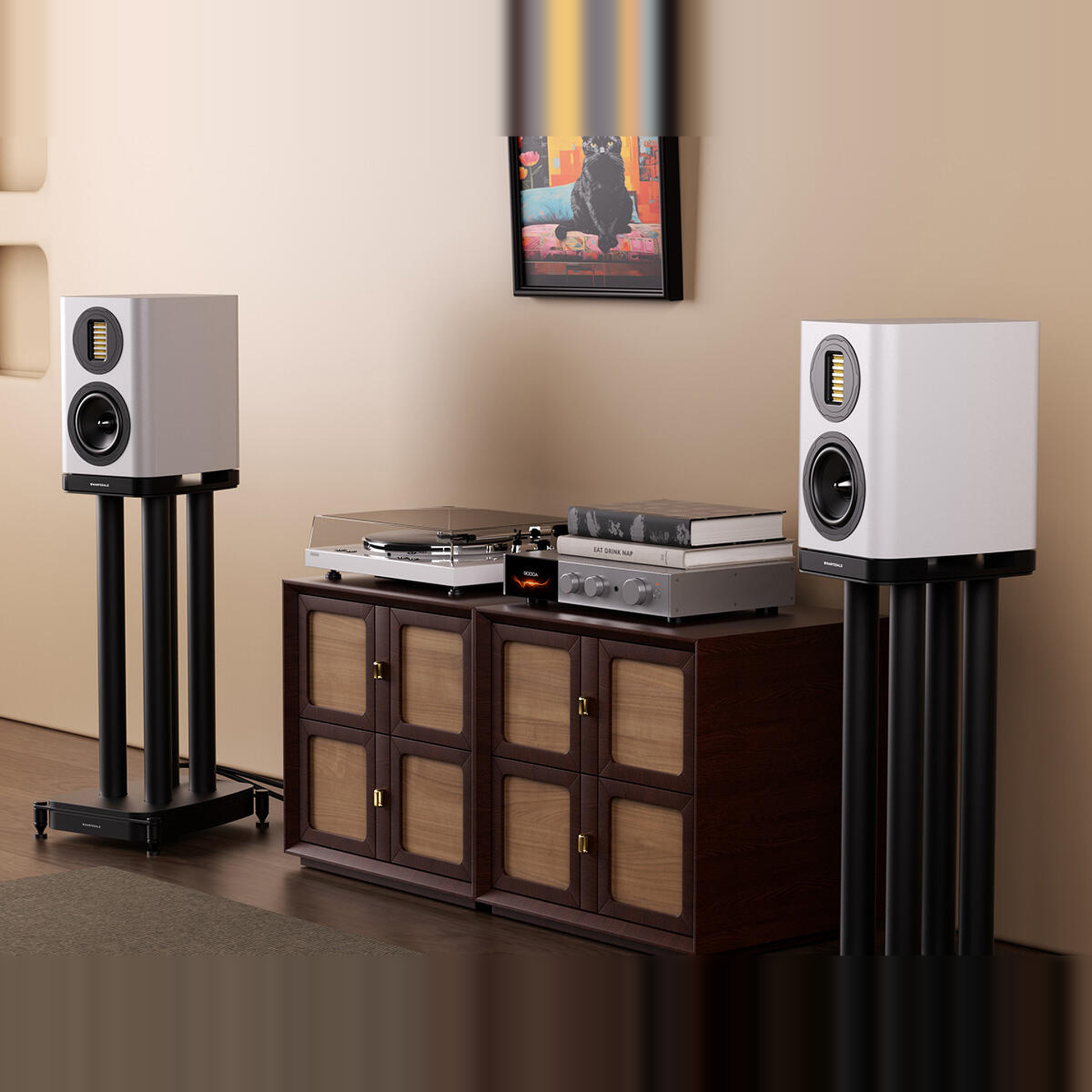 Wharfedale EVO 5.1 Regallautsprecher Weiss matt Lifestyle im Wohnraum mit Plattenspieler