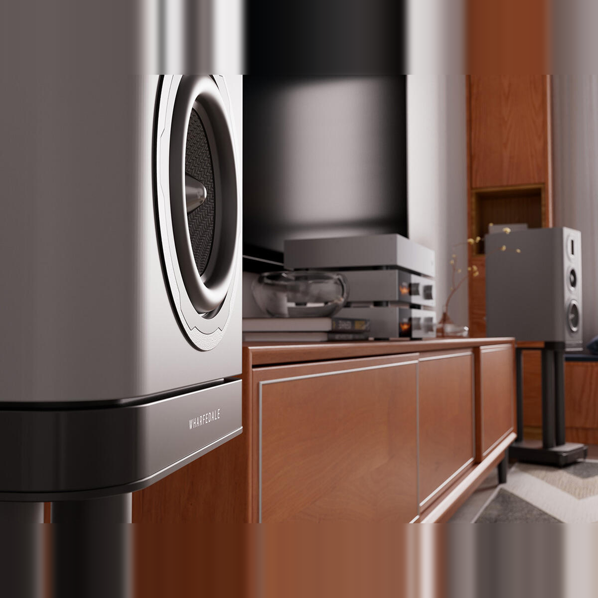 Wharfedale EVO 5.2 Regallautsprecher Lunar Grey matt Lifestyle Nahaufnahme im Wohnraum