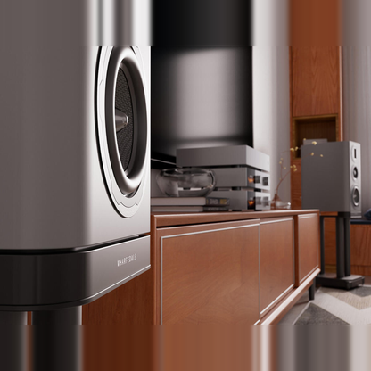 Wharfedale EVO 5.2 Regallautsprecher Lunar Grey matt Lifestyle Nahaufnahme im Wohnraum