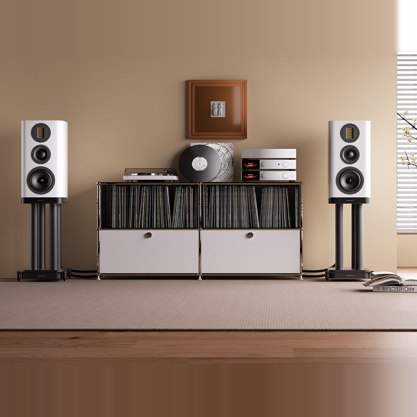 Wharfedale EVO 5.2 Regallautsprecher Weiss matt Lifestyle Nahaufnahme im Wohnraum