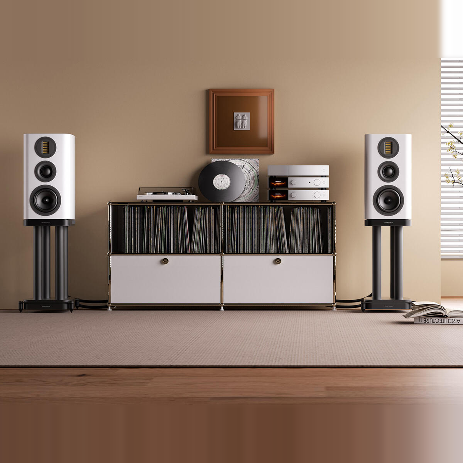 Wharfedale EVO 5.2 Regallautsprecher Weiss matt Lifestyle Nahaufnahme im Wohnraum