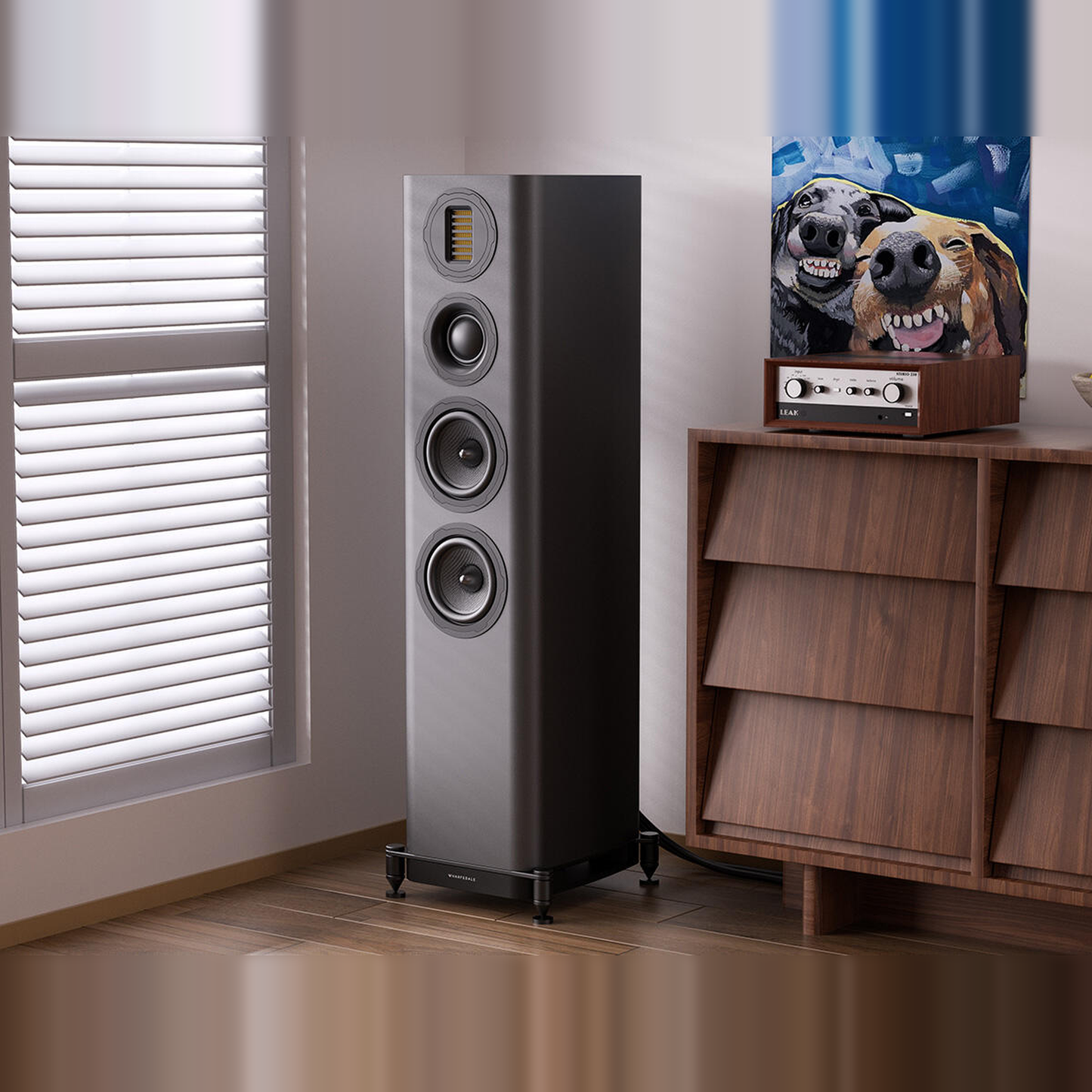 Wharfedale EVO 5.3 Standlautsprecher Lunar Grey matt Lifestyle im Wohnraum am Fenster