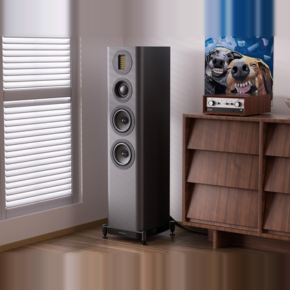 Wharfedale EVO 5.3 Standlautsprecher Lunar Grey matt Lifestyle im Wohnraum am Fenster